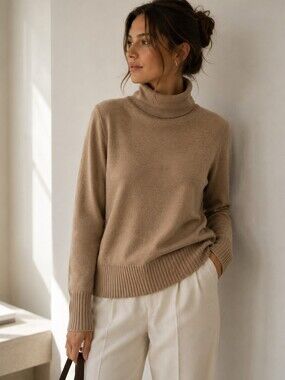 French Connection Babysoft Camel Ribbed Turtleneck Sweater Cozy Quiet Luxury S